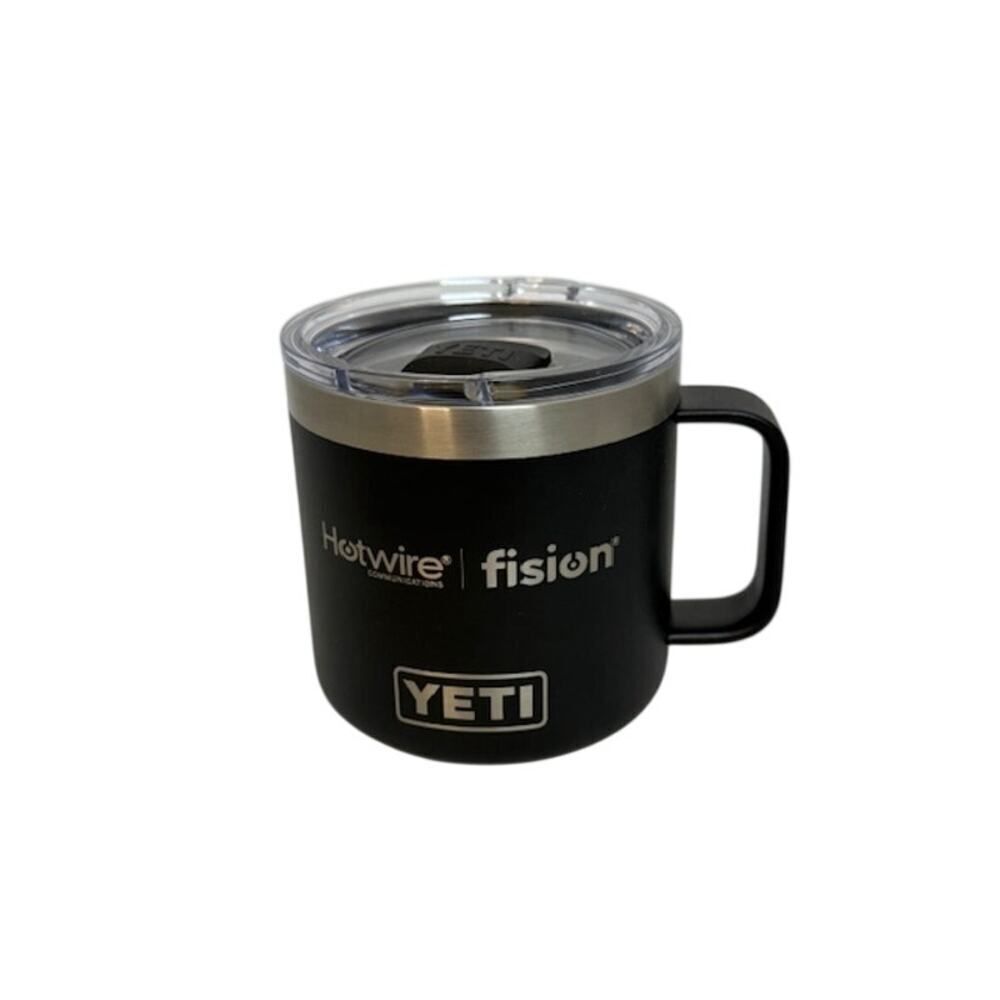 Dark Navy Blue Yeti 14 oz Lidded Mug Has Advertisement Hotwire Fision